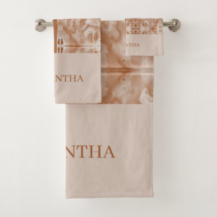 Beige And Cream Marble Geometric Name Bath Towel Set