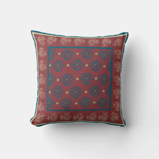 Beige and Dark Blue Oriental Floral on Maroon Cushion (Front)