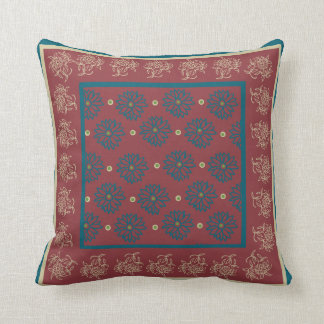 Beige and Dark Blue Oriental Floral on Maroon Cushion