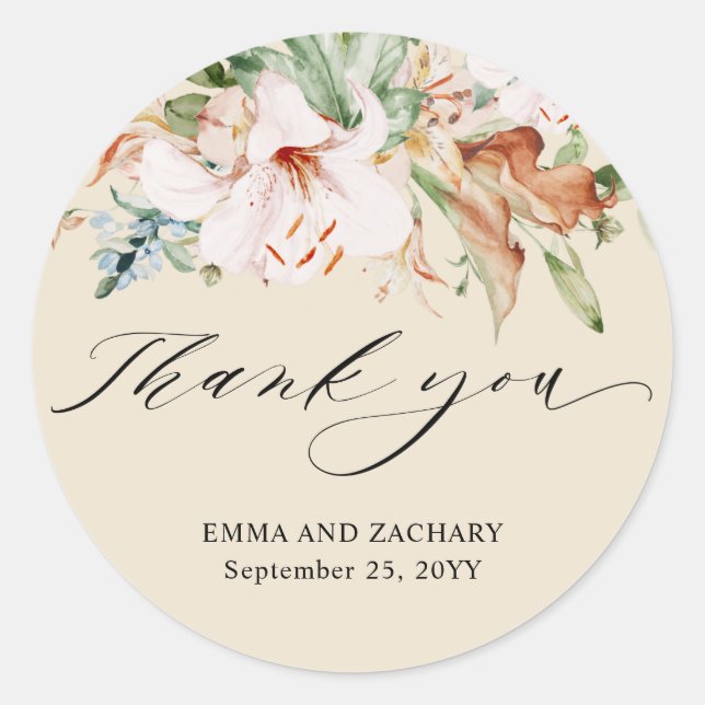 Beige and Earthy Blooms Wedding Thank You Favour Classic Round Sticker (Front)
