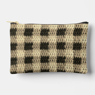 Beige And Ecru Shades Plaid Artisan Crochet Print Accessory Pouch