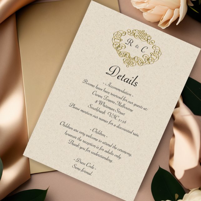 Beige and Gold Elegance Monogrammed Crest Wedding  Enclosure Card (Creator Uploaded)