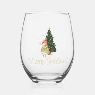 Beige and Green Christmas Greeting Stemless Wine Glass