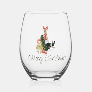 Beige and Green Christmas Greeting  Stemless Wine Glass