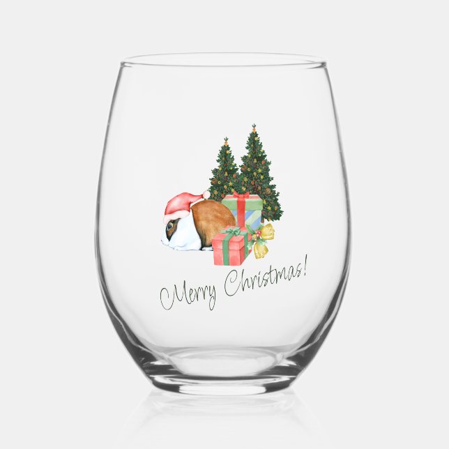 Beige and Green Christmas Greeting  Stemless Wine Glass (Front)