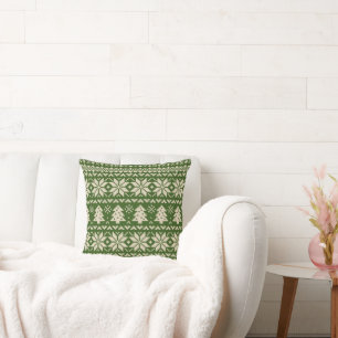 Beige and Green Christmas Sweater Pattern Cushion