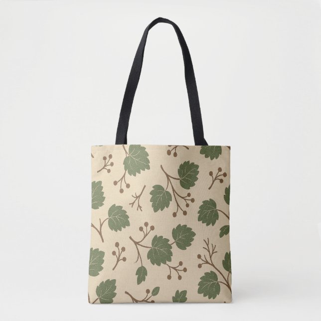Beige and Green Leaves Tote Bag  (Front)