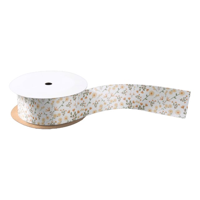 Beige and Green Modern Aesthetic Flower Satin Ribbon (Spool)