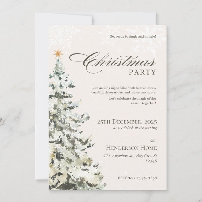Beige and Green Neutral Minimalist Christmas Party Invitation (Front)