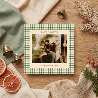 Beige And Green Plaid Photo Elegant Holiday Card