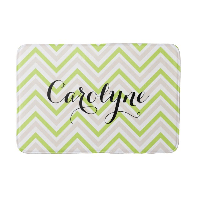 Beige and Green Thin Chevron Pattern Personalised Bath Mat (Front)