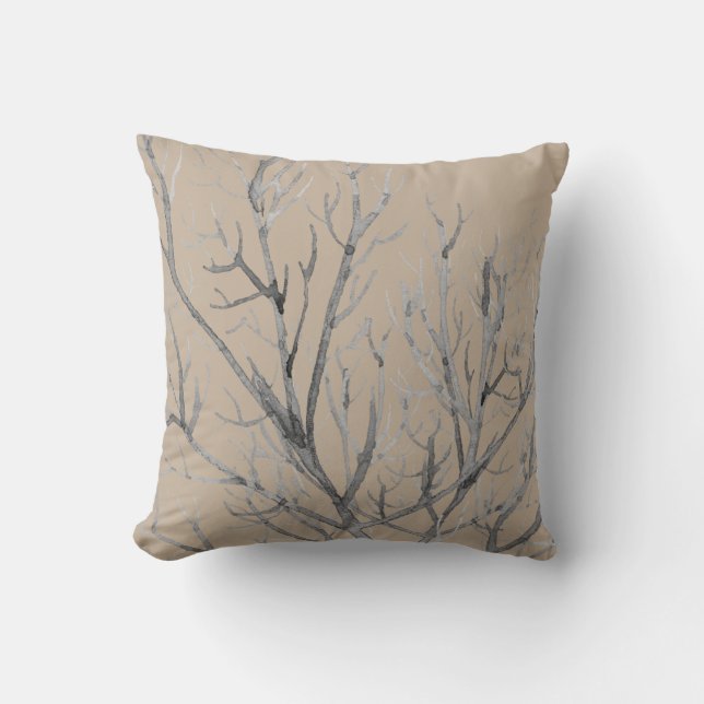 Beige and Grey Watercolor Branches Throw Pillow (Front)