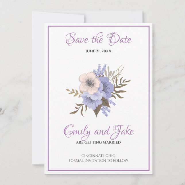 Beige And Lavender Flowers Save The Date (Front)