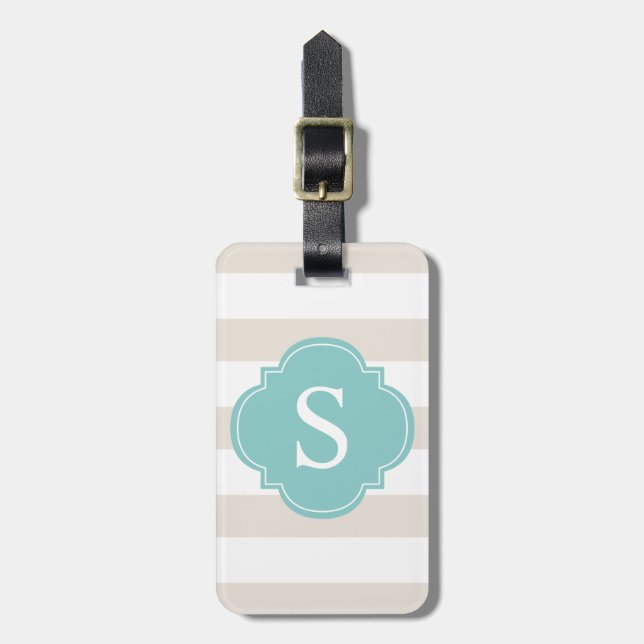 Beige and Mint Stripes Monogram Luggage Tag (Front Vertical)