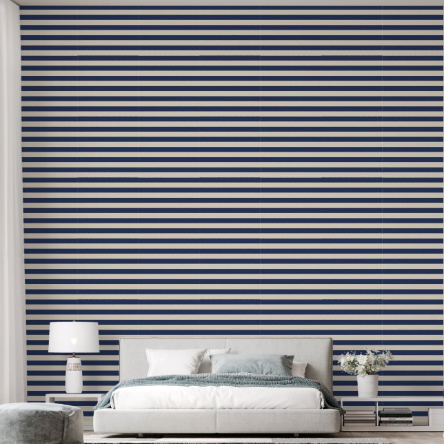 Beige and Navy Blue Nautical Stripes Wallpaper (Bedroom)