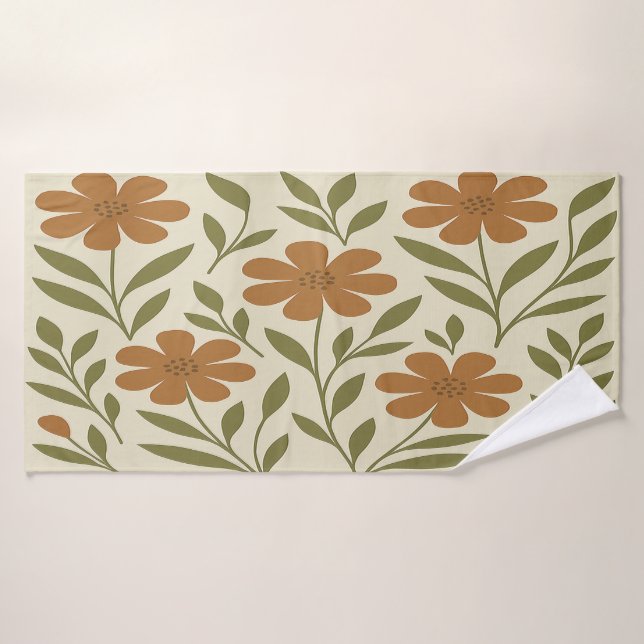 Beige and Orange Floral  Bath Towel (Bath Towel)