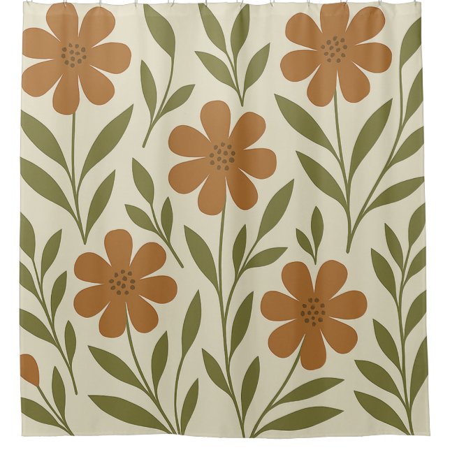Beige and Orange Floral Shower Curtain (Front)