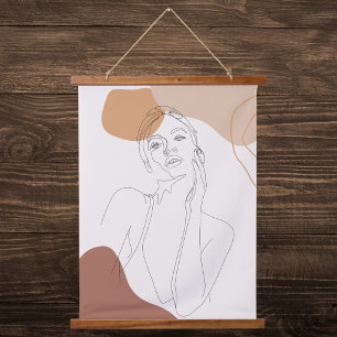 Beige and Peach Modern Line Art Hanging Tapestry