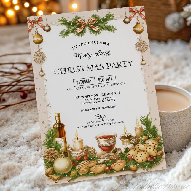 Beige and Pine Greenery Ribbon Christmas Party Invitation (Creator Uploaded)
