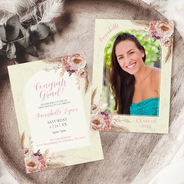 Beige and Pink Boho Watercolor Floral Graduation Invitation (Photo Boho Floral with Pampas Grass and Blush Pink Flowers Graduation Invitation front & back shown)