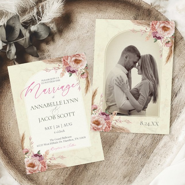 Beige and Pink Boho Watercolor Floral Wedding Invitation (Front and Back of boho watercolor floral blush pink vintage Italian arched wedding invitation)
