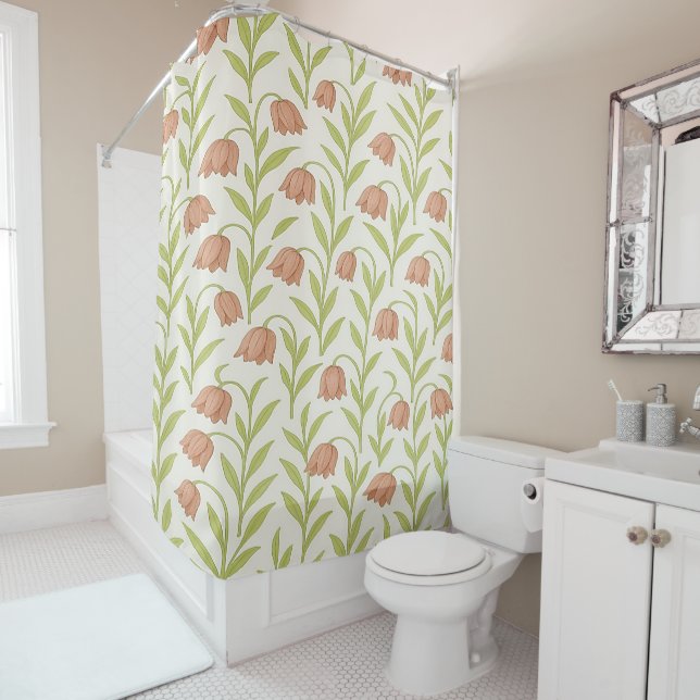 Beige and Pink Floral Shower Curtain (In Situ)