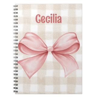 Beige and pink gingham with watercolor bow notebook