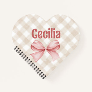Beige and pink gingham with watercolor bow notebook