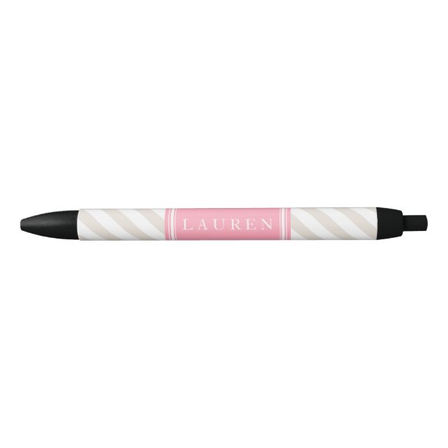 Beige and Pink Stripes Pattern Black Ink Pen (Front)
