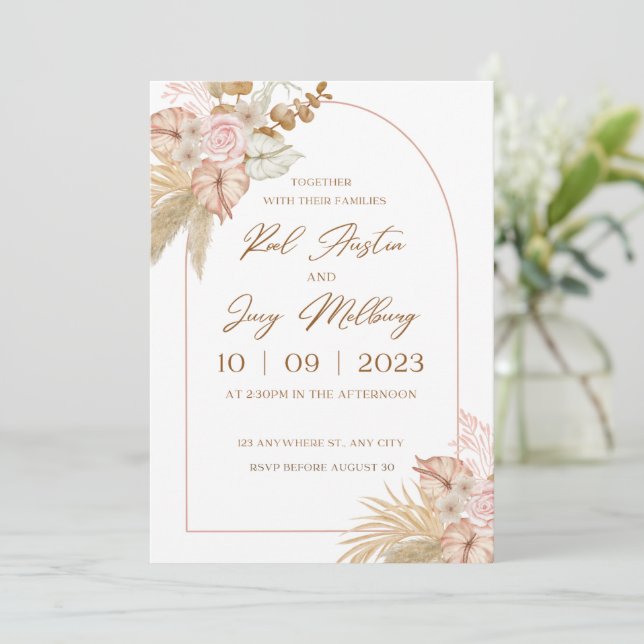 Beige And Pink Watercolor Floral Wedding  Invitation (Standing Front)