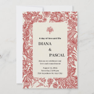 Beige and Red Bordered Vintage Illustration Weddin Invitation