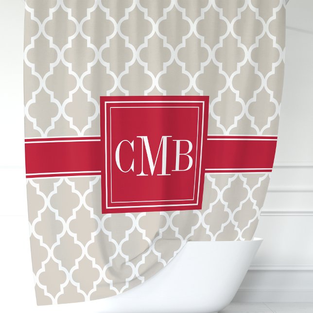 Beige and Red Moroccan Quatrefoil Monogram Shower Curtain (Creator Uploaded)