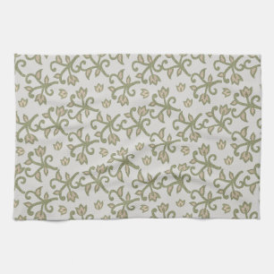 Beige and Sage Green Elegant Floral Vines Patten Tea Towel