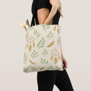 Beige and Sage Green Leaves Boho  Tote Bag