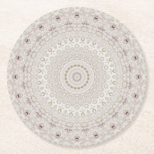 Beige and Taupe Mandala Pattern Design Round Paper Coaster