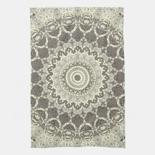Beige and Taupe Mandala Pattern Design Tea Towel