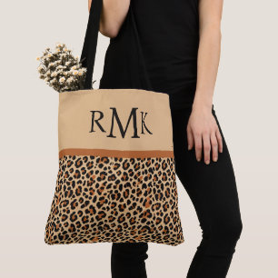 Beige and Terracotta Leopard Print Custom Monogram Tote Bag