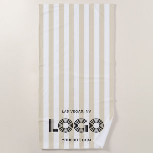 Beige and White Classic Stripe Logo Beach Towel