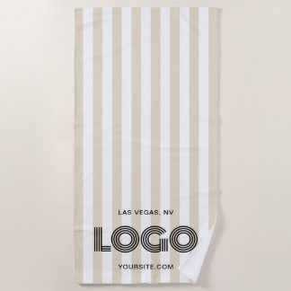 Beige and White Classic Stripe Logo Beach Towel