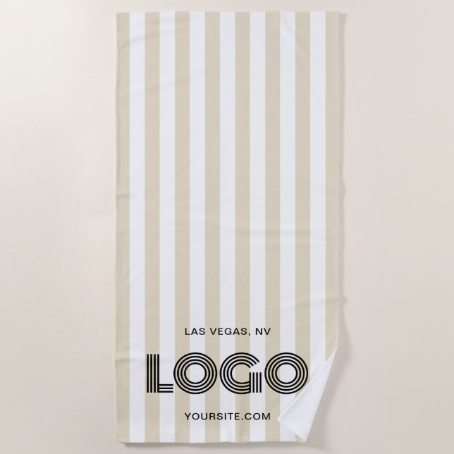 Beige and White Classic Stripe Logo Beach Towel (Front)