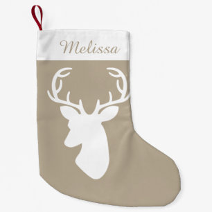 Beige And White Deer Head With Custom Name Small Christmas Stocking