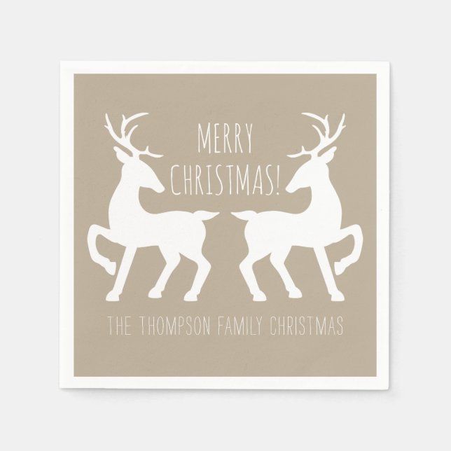 Beige And White Deers With Custom Text Christmas Napkin (Front)