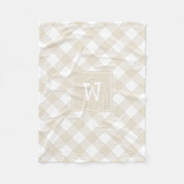 Beige and White Diagonal Plaid Farmhouse Monogram Fleece Blanket (Front)
