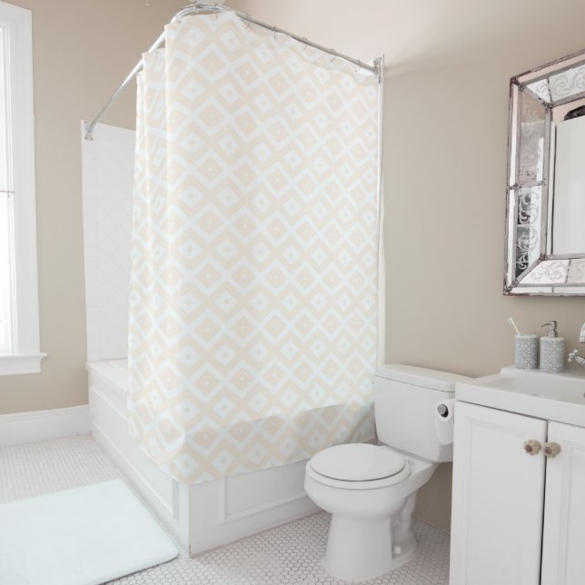 Beige and white diamond pattern shower curtain (In Situ)