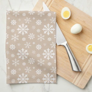 Beige And White Festive Winter Snowflake Pattern Tea Towel