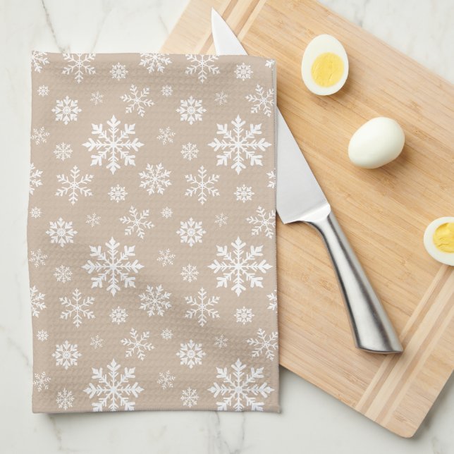 Beige And White Festive Winter Snowflake Pattern Tea Towel (Quarter Fold)