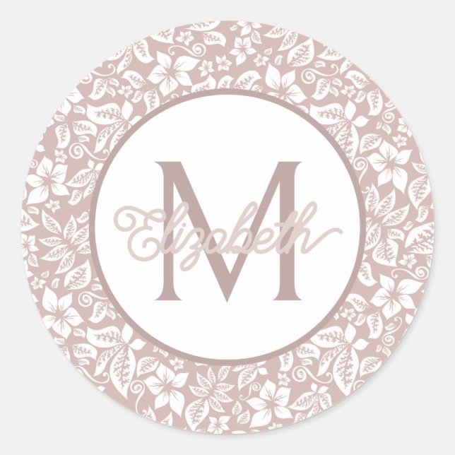 Beige and White Floral Monogram Classic Round Sticker (Front)