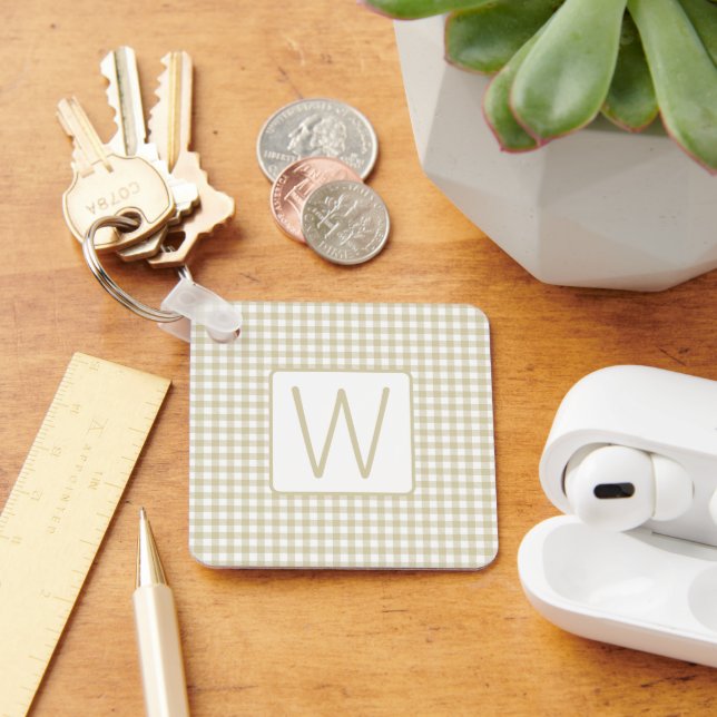 Beige and White Gingham Plaid Monogram Key Ring (Desk)