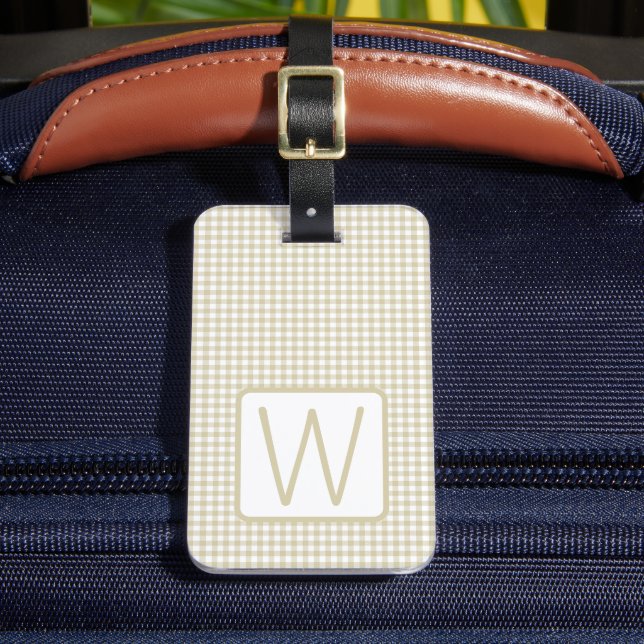 Beige and White Gingham Plaid Monogram Luggage Tag (Front Insitu 2)