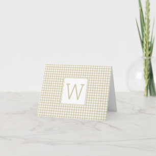 Beige and White Gingham Plaid Monogram Note Card
